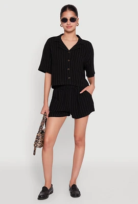 Womens Linen Pinstripe Shorts, Black, Size S