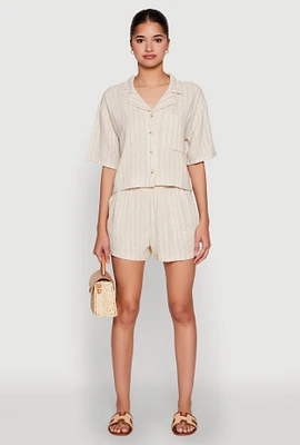 Womens Linen Pinstripe Shorts, Khaki, Size L