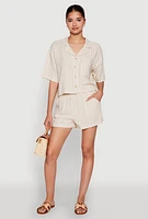 Womens Linen Pinstripe Shorts, Khaki, Size L