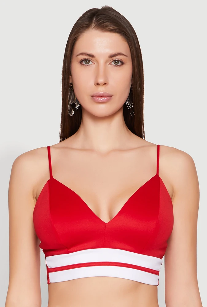Womens Stylish Sleeveless V-Neck Crop Top with Varsity Stripe, Red, Size M