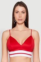 Womens Stylish Sleeveless V-Neck Crop Top with Varsity Stripe, Red, Size M