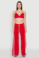 Womens Stylish Sleeveless V-Neck Crop Top with Varsity Stripe, Red, Size M