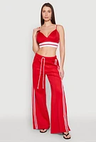 Womens Stylish Sleeveless V-Neck Crop Top with Varsity Stripe, Red, Size M