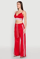 Womens Stylish Sleeveless V-Neck Crop Top with Varsity Stripe, Red, Size M