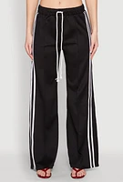 Womens Pintuck Varsity Stripe Drawstring Pants, Black,