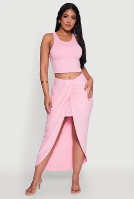Womens Soft Knit Twisted Front High Low Maxi Skirt, Pink,
