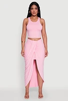 Womens Soft Knit Twisted Front High Low Maxi Skirt, Pink,