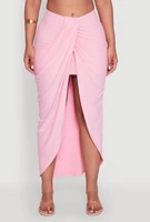 Womens Soft Knit Twisted Front High Low Maxi Skirt, Pink,