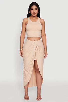 Womens Soft Knit Twisted Front High Low Maxi Skirt,
