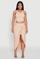 Womens Soft Knit Twisted Front High Low Maxi Skirt, Khaki, Size L