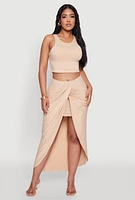 Womens Soft Knit Twisted Front High Low Maxi Skirt, Khaki, Size L