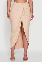 Womens Soft Knit Twisted Front High Low Maxi Skirt, Khaki, Size L