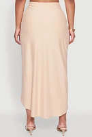 Womens Soft Knit Twisted Front High Low Maxi Skirt, Khaki, Size L