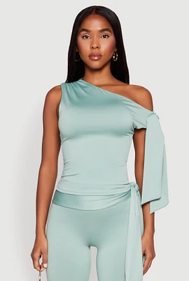 Womens Side Tie One Shoulder Top, Green,