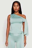 Womens Side Tie One Shoulder Top, Green,
