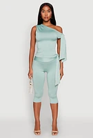 Womens Side Tie One Shoulder Top, Green,