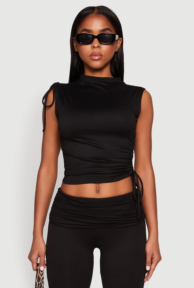 Womens Ruched Mock Neck Crop Top, Black,