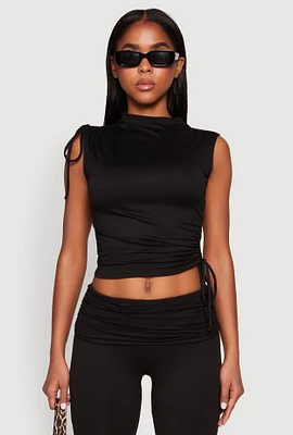 Womens Ruched Mock Neck Crop Top, Black,