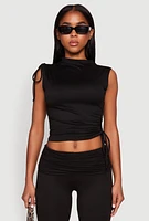 Womens Ruched Mock Neck Crop Top, Black,