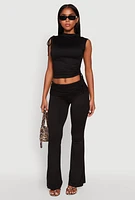 Womens Ruched Mock Neck Crop Top, Black,