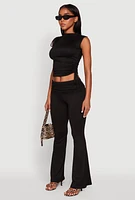 Womens Ruched Mock Neck Crop Top, Black,