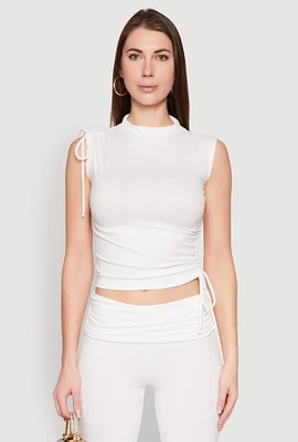 Womens Ruched Mock Neck Crop Top, White,