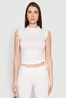 Womens Ruched Mock Neck Crop Top, White,