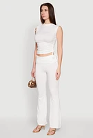 Womens Ruched Mock Neck Crop Top, White,