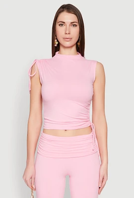 Womens Ruched Mock Neck Crop Top, Pink, Size L