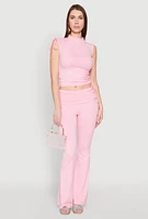 Womens Ruched Mock Neck Crop Top, Pink, Size L