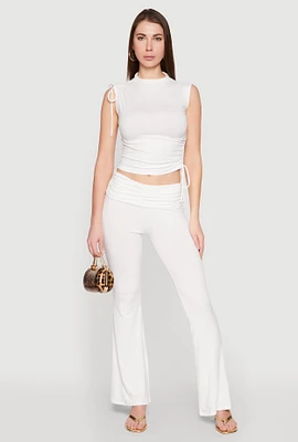 Womens Ruched Flare Leg Pants, White, Size S