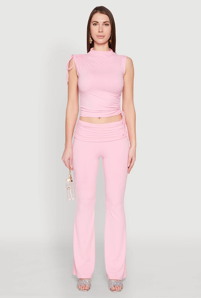 Womens Ruched Flare Leg Pants, Pink, Size L