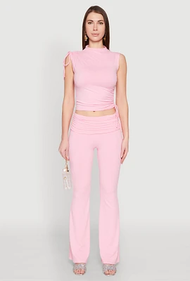 Womens Ruched Flare Leg Pants, Pink, Size L