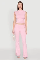 Womens Ruched Flare Leg Pants, Pink, Size L