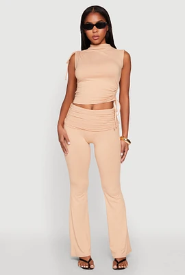 Womens Ruched Flare Leg Pants, Khaki, Size L
