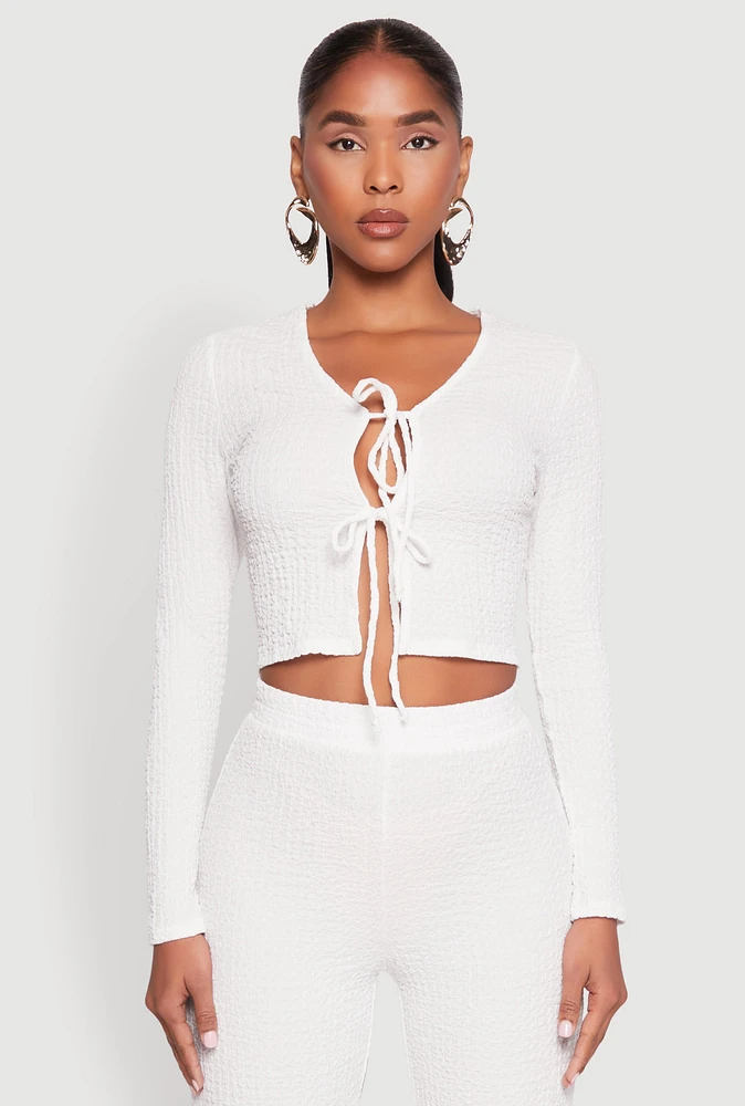 Womens Textured Knit Double Tie Front Crop Top,