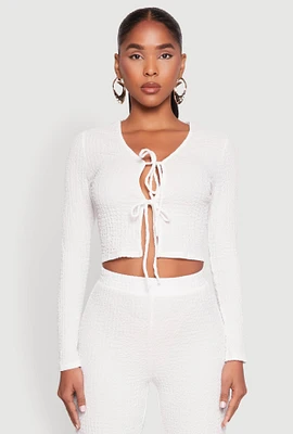 Womens Textured Knit Double Tie Front Crop Top,