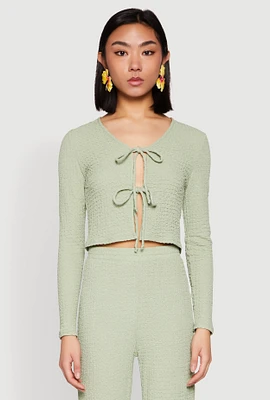 Womens Textured Knit Double Tie Front Crop Top,