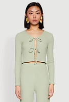 Womens Textured Knit Double Tie Front Crop Top,