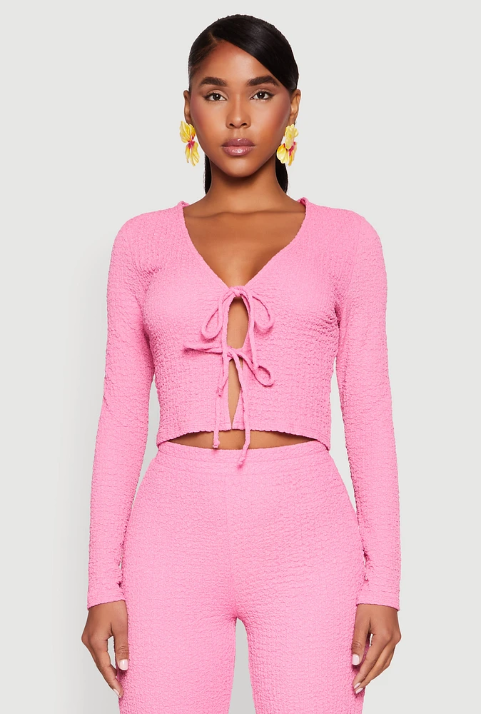 Womens Textured Knit Double Tie Front Crop Top, Pink, Size S
