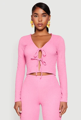 Womens Textured Knit Double Tie Front Crop Top, Pink, Size S