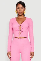 Womens Textured Knit Double Tie Front Crop Top, Pink, Size S