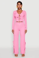 Womens Textured Knit Double Tie Front Crop Top, Pink, Size S