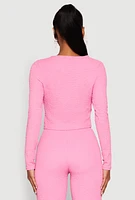 Womens Textured Knit Double Tie Front Crop Top, Pink, Size S