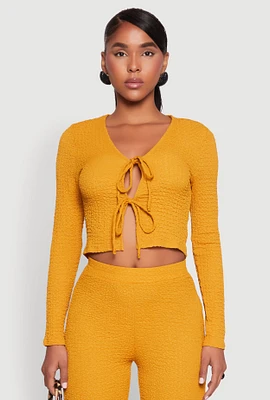 Womens Textured Knit Double Tie Front Crop Top, Yellow, Size S