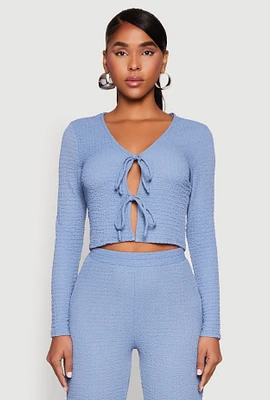 Womens Textured Knit Double Tie Front Crop Top,