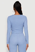 Womens Textured Knit Double Tie Front Crop Top,