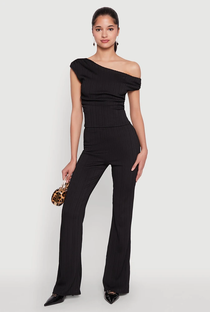 Womens High Waisted Textured Knit Boot Cut Pants,