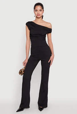 Womens High Waisted Textured Knit Boot Cut Pants,