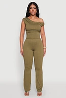 Womens High Waisted Textured Knit Boot Cut Pants, L